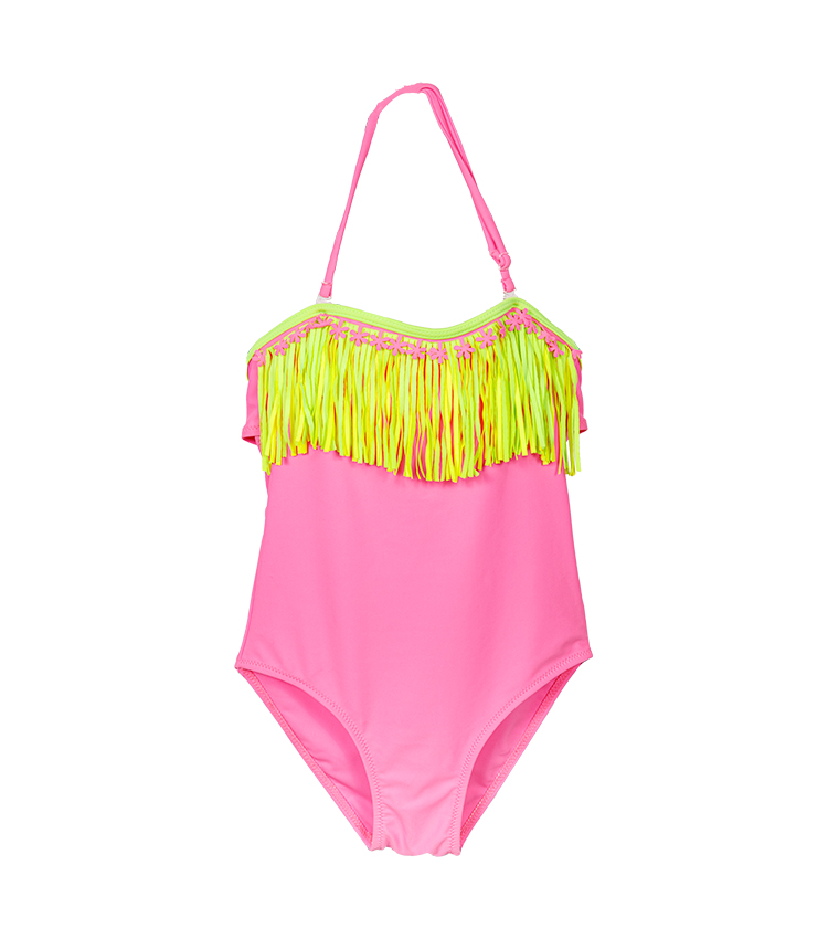 Pink one-piece  with yellow tassel halterneck design children's swimsuit