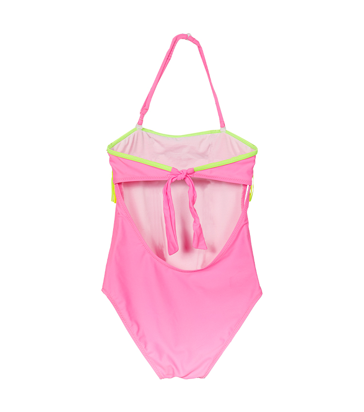 Pink one-piece  with yellow tassel halterneck design children's swimsuit