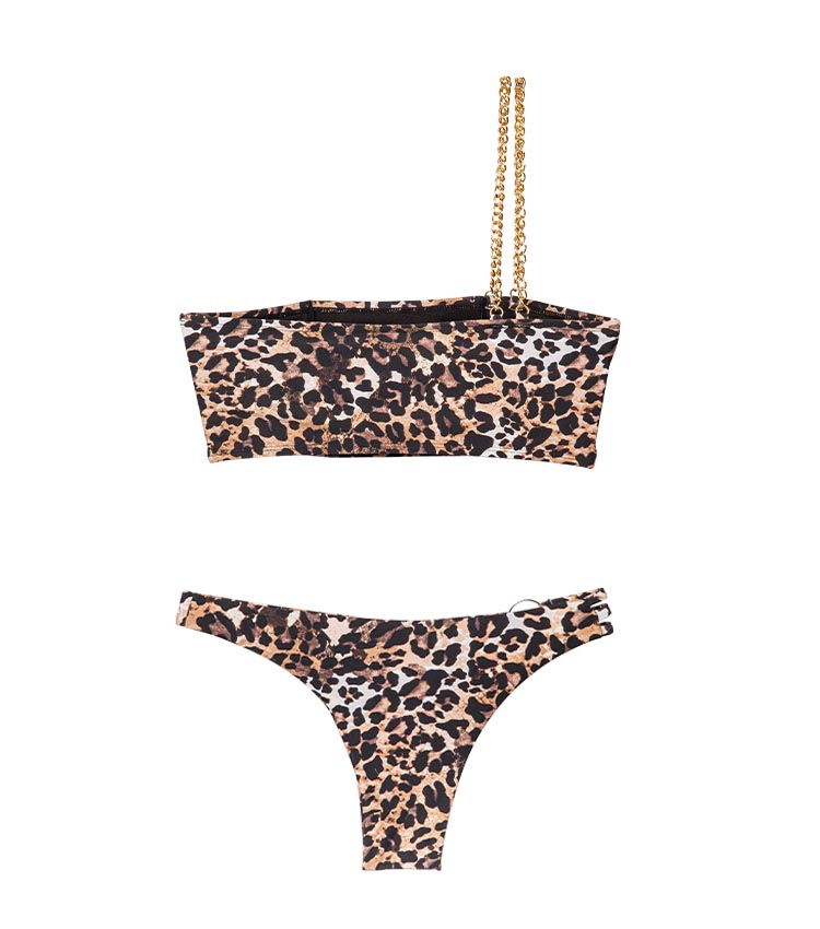 Leopard print sexy one-shoulder metal chain bandeau swimsuit